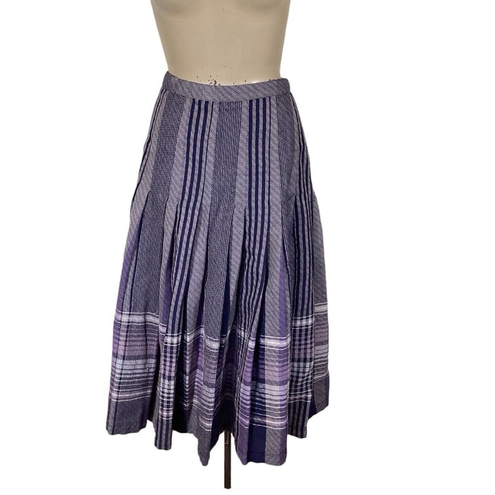 Vtg 80’s Tootal Pure Wool Purple Pleated Skirt Midi Stripe women’s Sz 12 Cottage